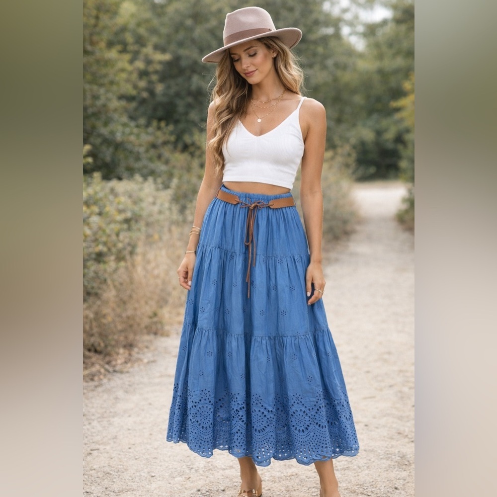 MADE IN ITALY Blue Eyelet Maxi Skirt with Brown Belt